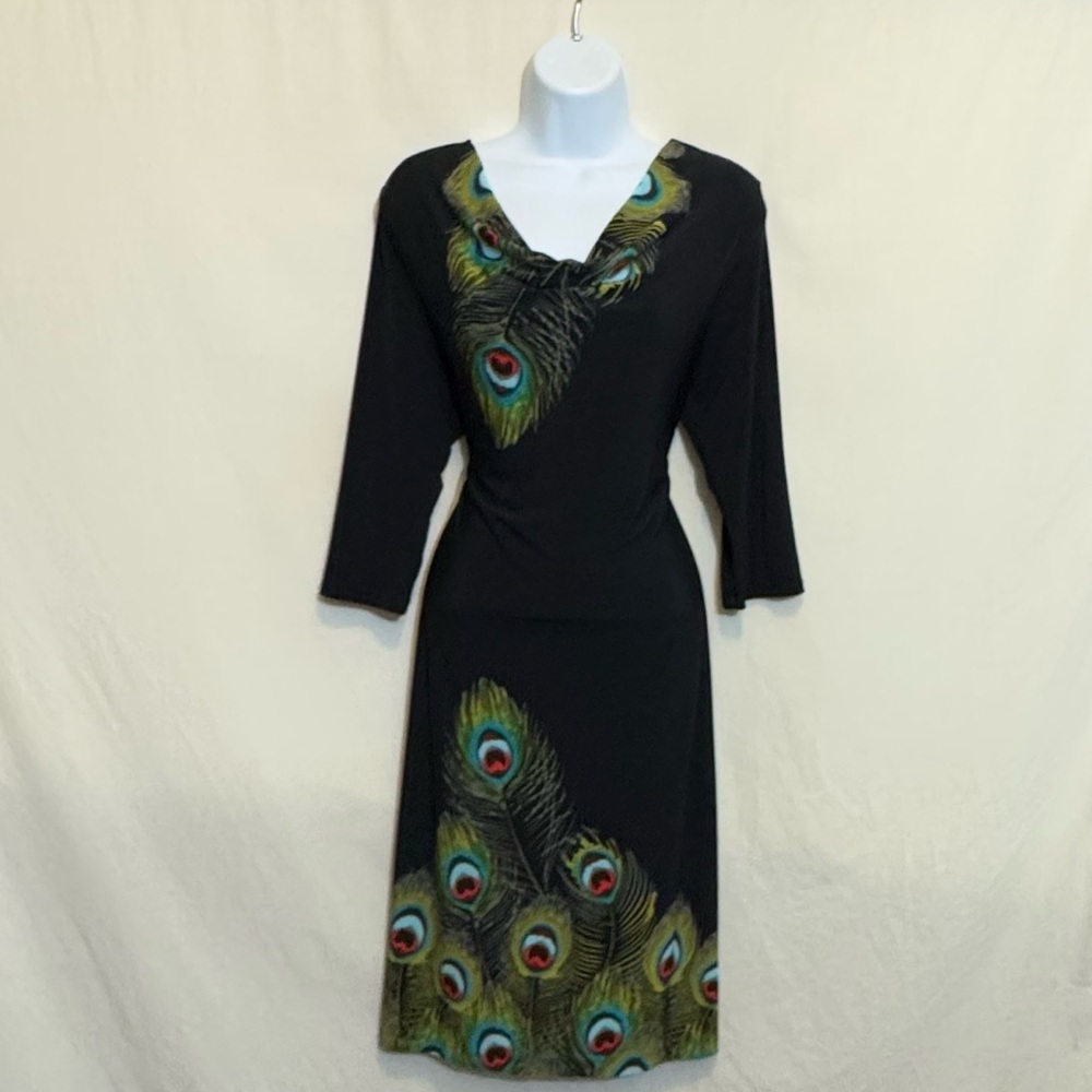 D-9 Madison Black & Colorful Peacock Feather‎ Print 1/2 Sleeve MIDI Dress Size S
